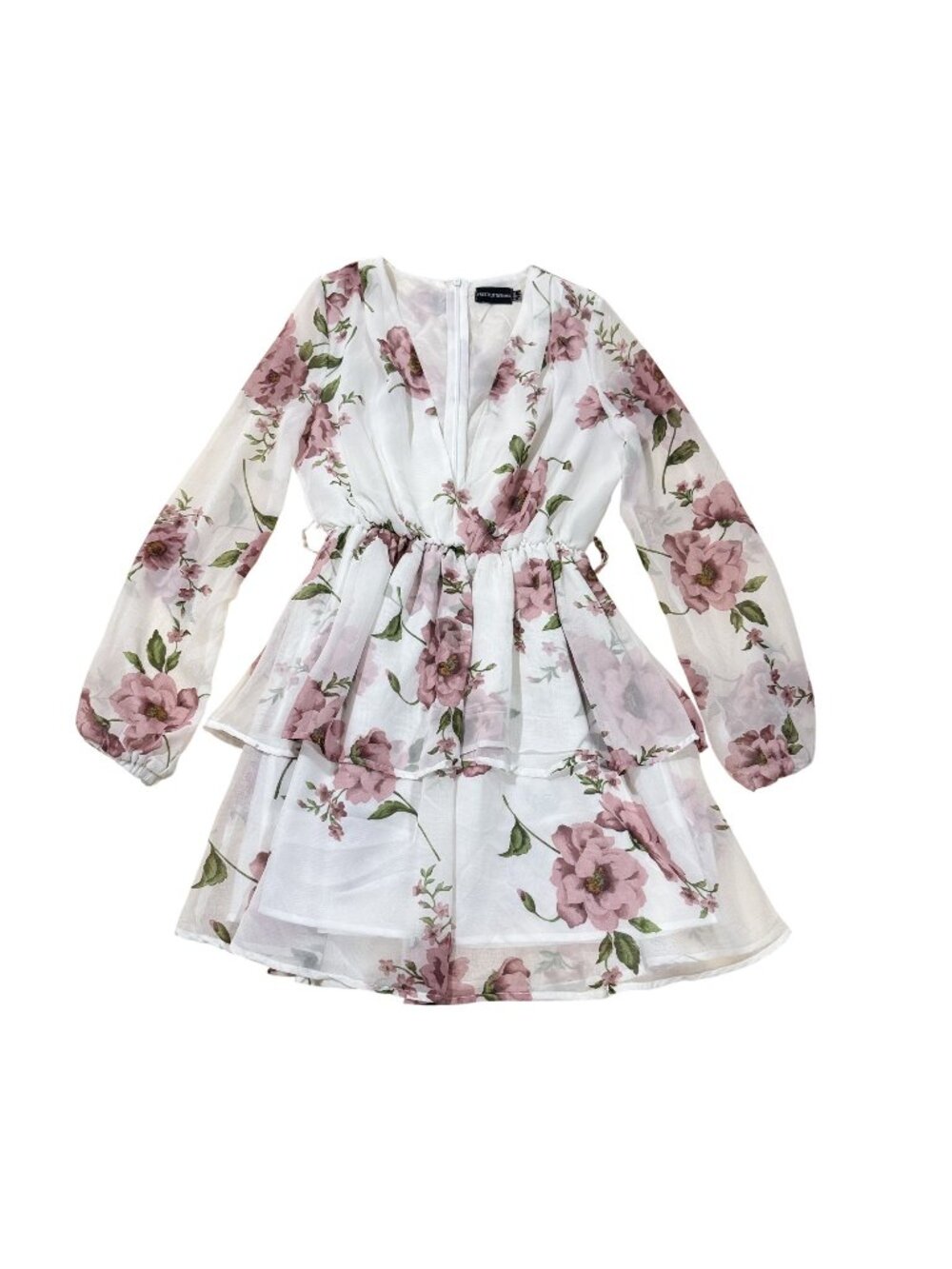 PrettyLittleThing Women's White Pink Floral Chiffon Long Sleeve Mini Dress US‎ 0